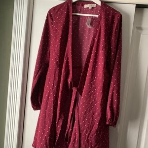 LOFT red wrap around dress with white polka dots.